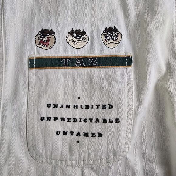Warner Bros Tasmanian Devil Ivory Button Down Shirt Large VTG Taz Looney Tunes - Picture 2 of 9
